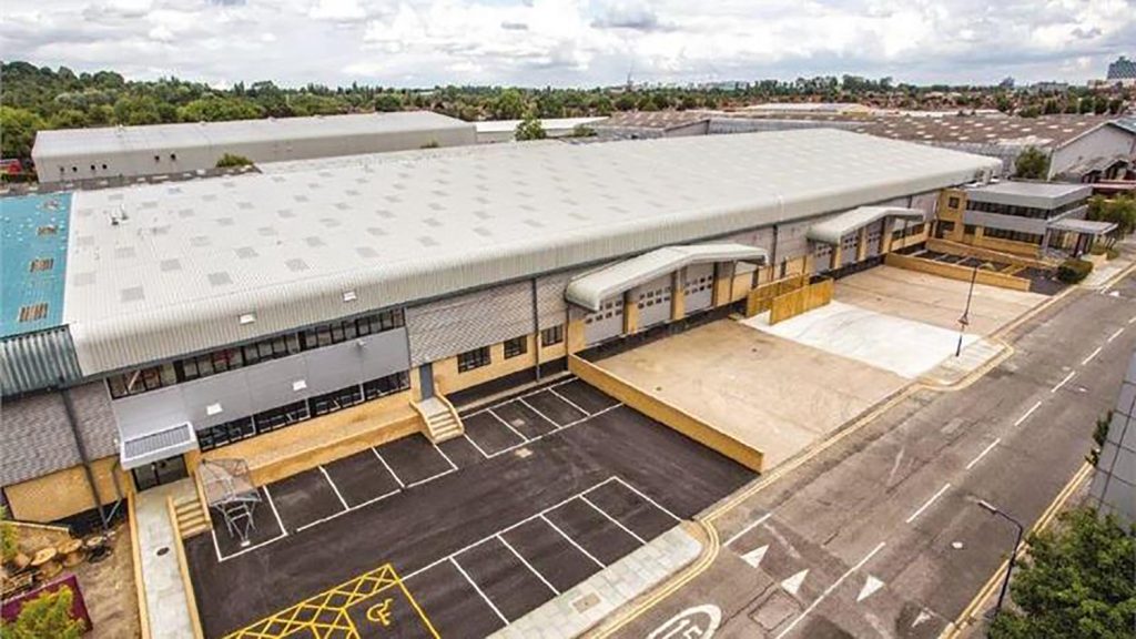 An aerial view of an industrial building.