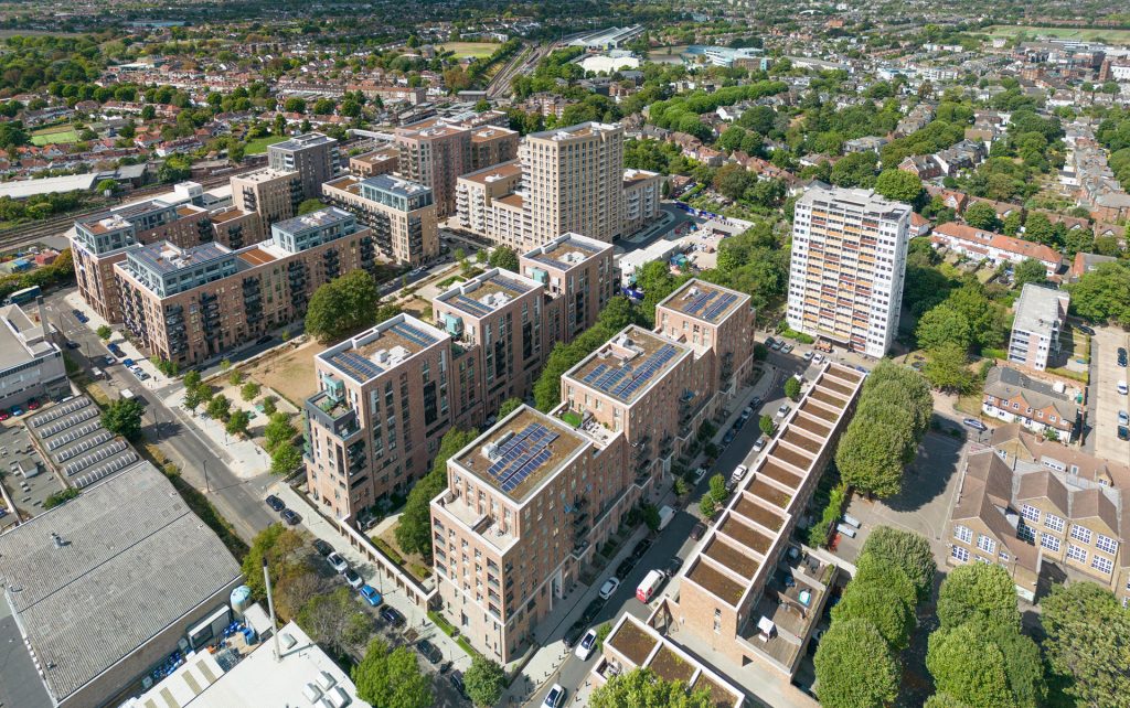 An aerial view of a residential area in london.