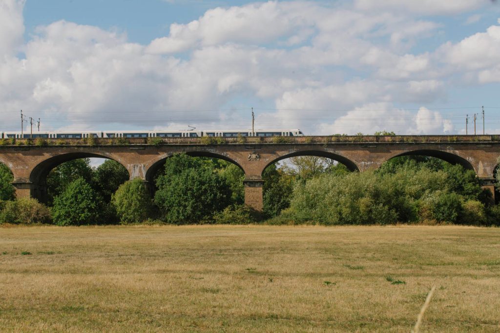 A train on a bridge.