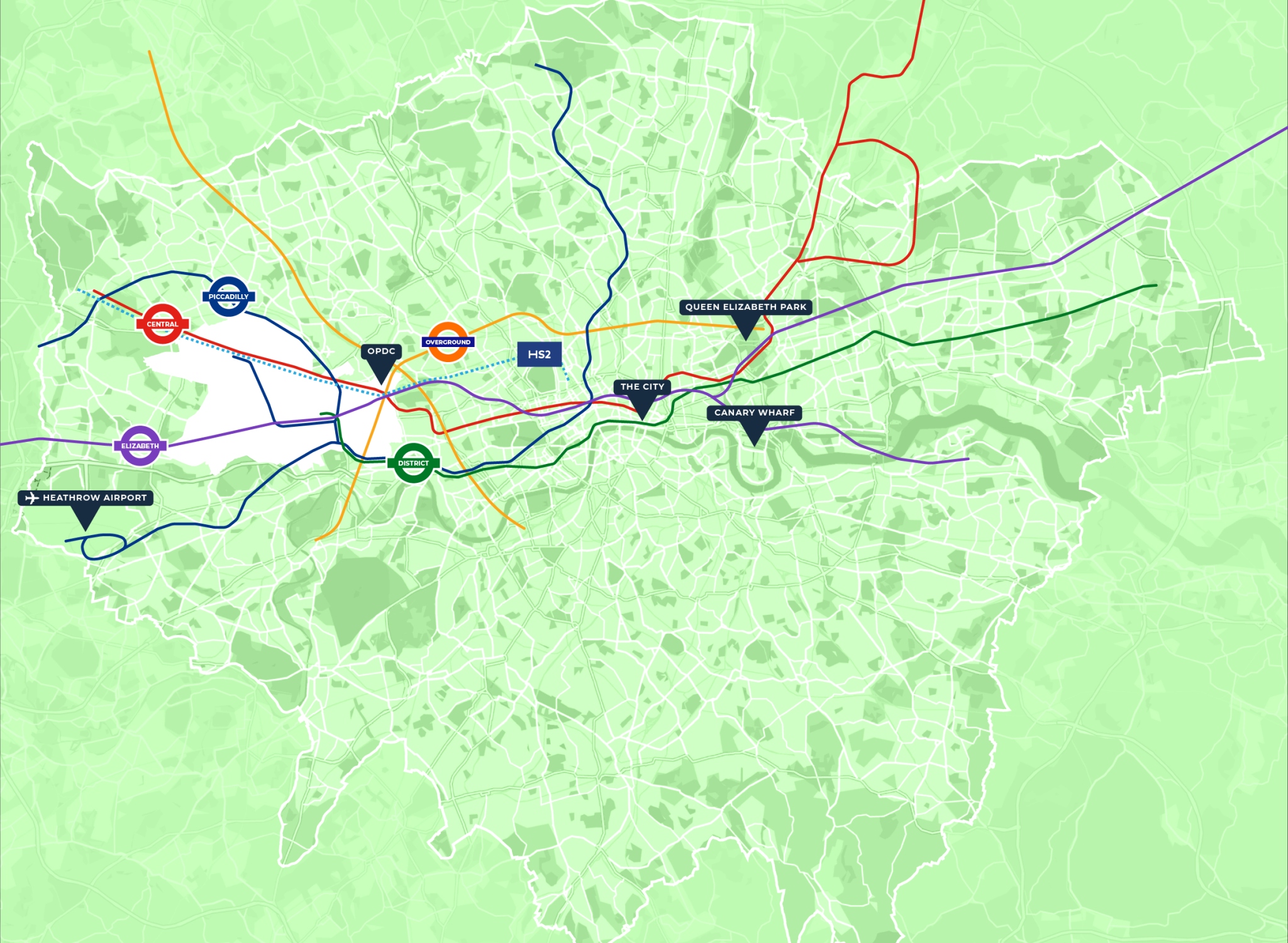 A map of london with different routes.